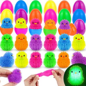 18 Pack Easter Eggs Filled Chick Duck LED Puffer Balls Easter Basket Stuffers for Kids Boys Girls, Light Up Squeeze Sensory Ball Fidget Toys for Easter Egg Fillers Easter Egg Hunt Party Favor Gifts