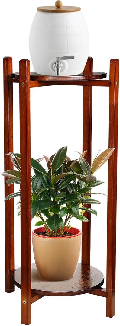 Water Dispenser Stand Floor Stand Water Jug Stand with 2 Round Shelfs 26'' Natural Wood Stand for 1-5 Water Bottles, Crocks, Jug, Plant, Easy Assembly with Included Hardware(Dark Brown) (Dark Brown)