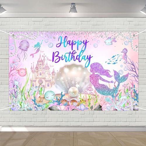 Avezano Mermaid Happy Birthday Backdrop Under The Sea Birthday Party Decorations Little Mermaid Backdrop for Girls Ocean Theme Bday Party Decor