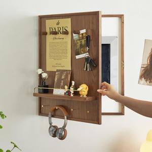 Electrical Panel Cover Decorative Wall Mounted Breaker Box Cover Wood Hidden Meter Box with Shelf Hooks Fuse Boxs Covers Cabinet Brown Flip Up Meter Switchs Boxs for Home(Vertical Layout,20x16)
