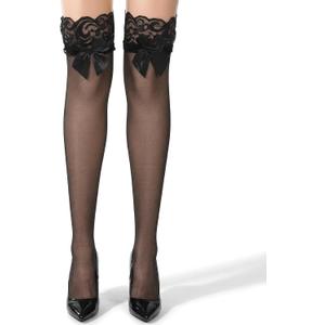 2 Pcs Black Lace Thigh High Stockings, Sheer Lace Top Thigh High Stockings with Bow Design Style Over the Knee Highs Thighs for Women 1 Pair (Black, One Size Fits Most) (Black)