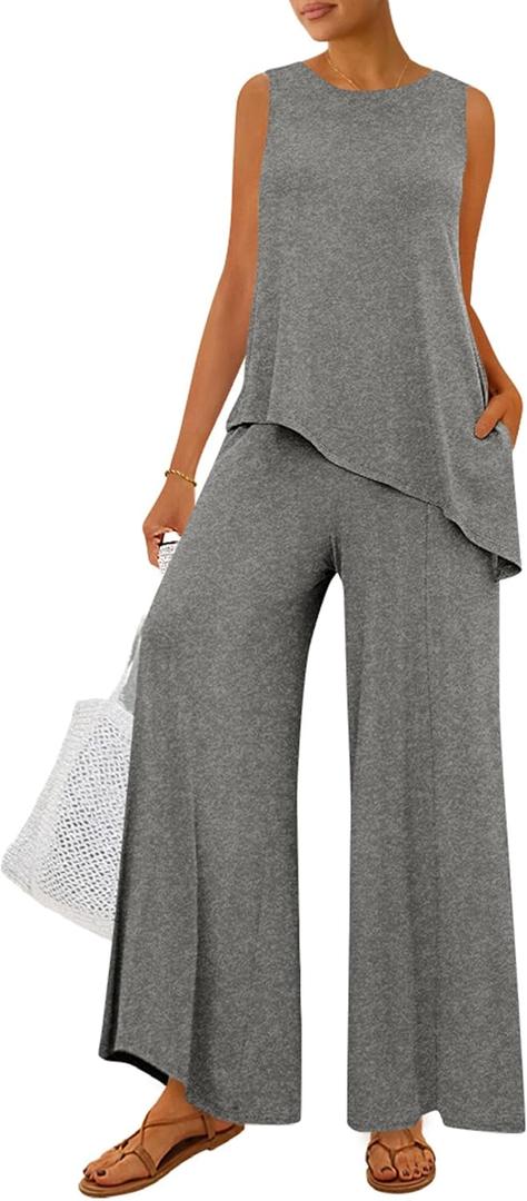 PRETTYGARDEN Women's 2026 Two Piece Matching Lounge Sets Asymmetrical Split Tank Tops Wide Leg Pants Summer Outfits Tracksuit (Gray, M)