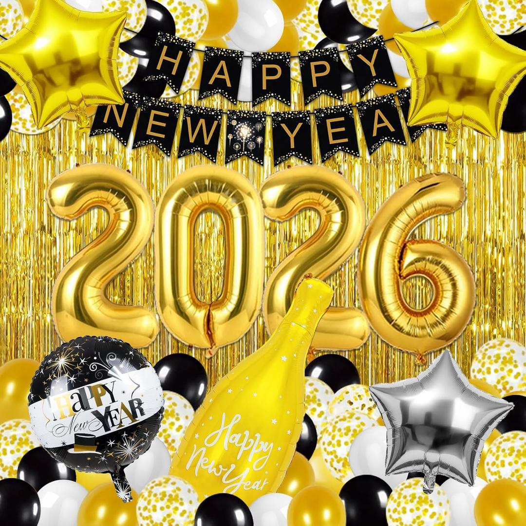 Happy New Year Decorations 2026, New Years Eve Party Supplies 2026, New Years Decorations with 2026 Balloons, Happy New Year Banner, Foil Balloons, Fringe Curtain for NYE Decorations 2026