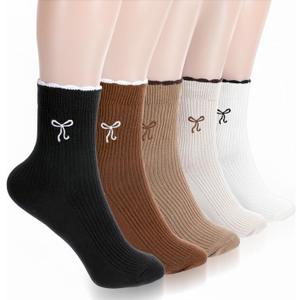 Tucnoeu 5 Pairs Womens Ruffle Socks, Embroidery Bow Casual Socks, Fashion Cotton Ruffle Ankle Socksm, Cute Knit Lettuce Trim Dress Socks
