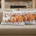 Thanksgiving Pumpkin Throw Pillow Covers 12x20 Set of 2,Fall Leaf Flower Decorative Pillow Covers, Gray White Plaid Cushion Case for Sofa Couch Patio Garden Bedroom
