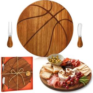 Ziliny Basketball Cheese Board Gift Set Father Day Gift for Dad Party Favor Prizes Charcuterie Wood Board with Knives and Box for Party Tournament Birthday Game(Acacia,11.8" X 11.8")