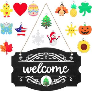 Jetec Interchangeable Christmas Welcome Themed Sign Front Door Decor, Rustic Wood Wall Hanging Outdoor, Farmhouse, Porch, for Seasonal Thanksgiving Winter Holiday(Black with White Letters)