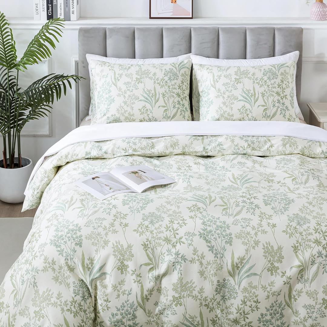 HoneiLife King Size Duvet Cover - 100% Cotton Comforter Cover, Floral Duvet Cover Sets with Zipper Closure & Corner Ties, 3-PC Wildflower Bedlinen Sets (King-104"x 90", Plain Life-green)