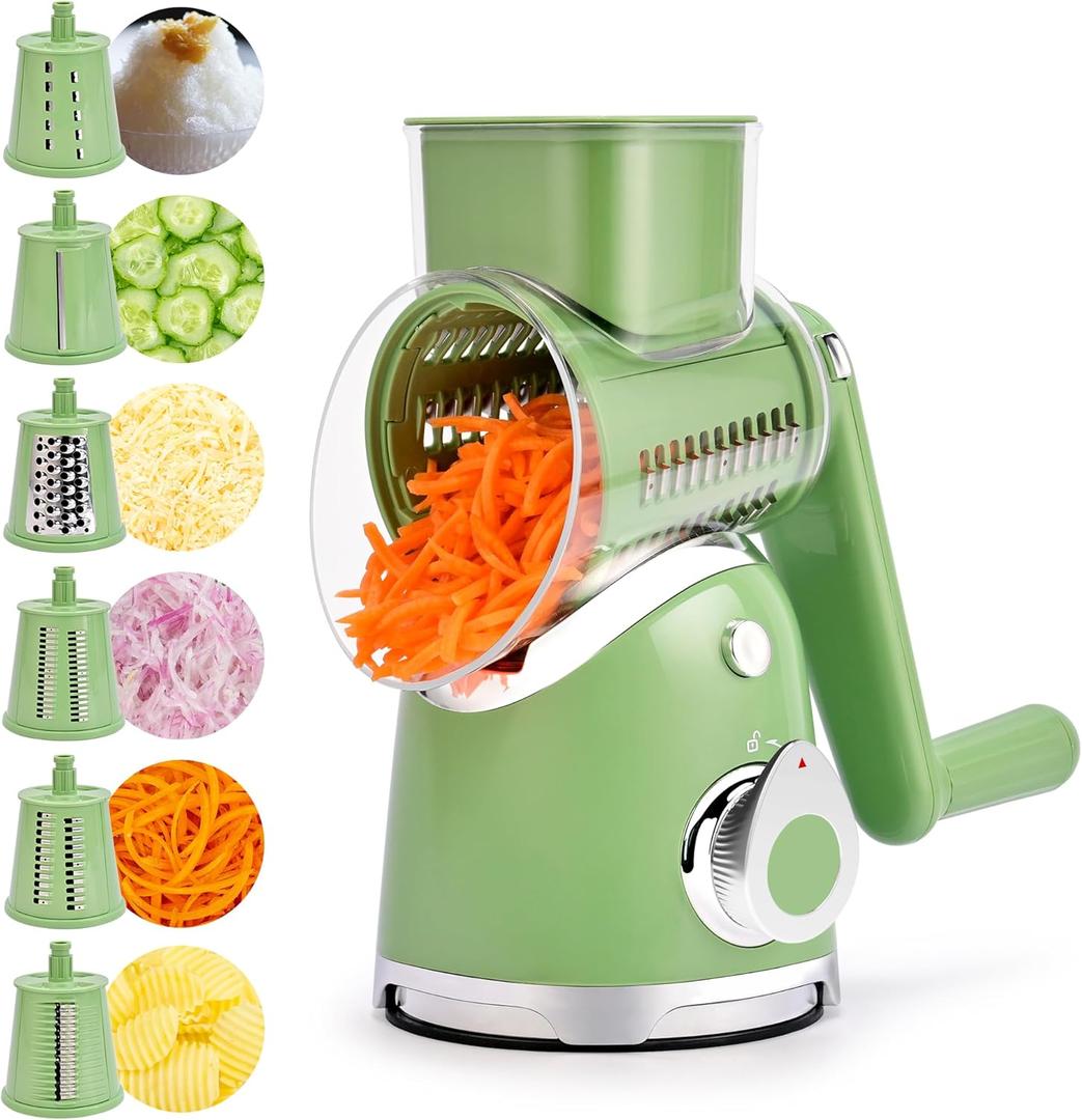 SUSTEAS Rotary Cheese Grater with Handle,Vegetable Slicer with 6 Interchangeable Blades, Reinforced Suction,Easy to Clean,Kitchen Chopper for Crushed Ice,Fruits and Nuts with Blade Storage Case,Green