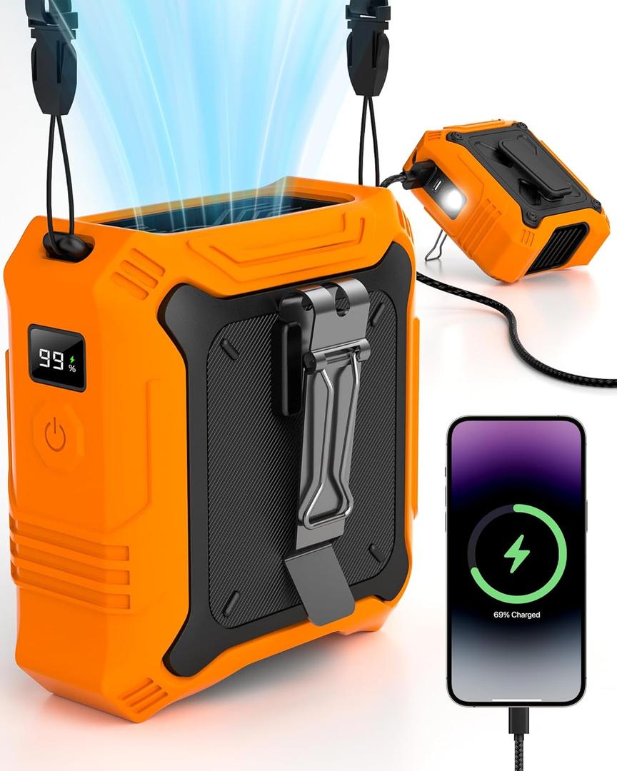 Portable Fan with 5-Speed Settings, Dual-Sided Clip on Wearable Belt Waist Fan for 8000mAh, 2 Settings including Flashlight,Travel Essential for Outdoor Camping as Power Bank (Orange)