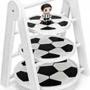 3 Tier Soccer Football Serving Tray Stand, White Wooden Round Tiered Food Platter, Reusable Dessert Cupcake Snack Display Holder for Birthday, Game Day, Tailgate, Kids Party Buffet Table Decor