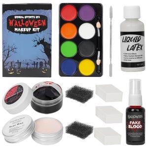 Halloween Liquid Latex Special Effects SFX Makeup Kit - 8 Colors Bruise Face Body Paint Palette,Liquid Latex+Scar Wax+Spatula Tool+Fake Blood Spray+Coagulated Blood With Sponges for Halloween Cosplay