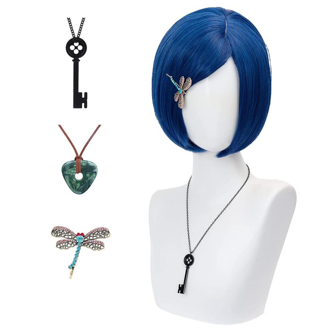 Blue Cosplay Wig for Women, Dark Blue Bob Short Straight Synthetic Wigs With Key Necklace Dragonfly Hairpin, Halloween Costume Party Cosplay Wig