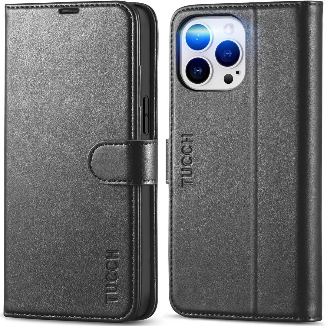 TUCCH Case Wallet for iPhone 14 Pro Max 6.7", RFID Blocking 4 Card Holder Stand [Shockproof TPU Interior Shell] PU Leather Magnetic Protective Flip Cover, Black