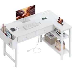 DLisiting Small White L Shaped Desk with Drawers & Storage Shelves, 40 Inch Corner Desk with Power Outlet for Small Space Home Office, Study Work PC Desks for Bedroom