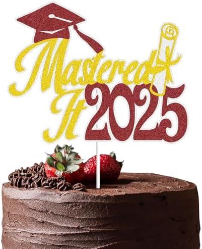 Pack of 3, Mastered It 2025 Cake Topper,Congrats Mastered It Happy Master Degree Cake Decor,Congrats Grad Class of 2025 Graduation Party Decorations (Gold Red)