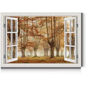 Renditions Gallery Canvas Nature Wall Art Home Paintings & Prints Autumn Misty Forest Romantic Modern Window View Canvas Wall Hanging Decorations for Bedroom Office Kitchen 48x32