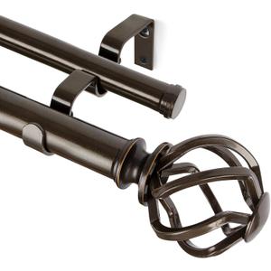 KAMANINA 1 Inch Double Curtain Rods 66 to 120 Inches (5.5-10 Feet) Telescoping Heavy Duty Drapery Rod for Windows 54 to 115 with Twisted Cage Finials, Antique Bronze