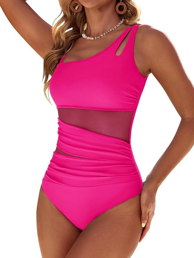 Womens Mesh One Piece Swimsuits Ruched Tummy Control Bathing Suit Modest Full Coverage Slimming Swim Suit
