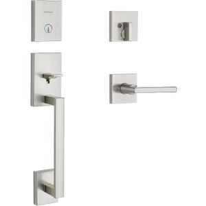 Kwikset San Clemente Front Door Lock Handle and Deadbolt Set, Entry Handleset Exterior with Interior Reversible Lever, Satin Nickel, Pick Resistant SmartKey Rekey Deadbolt Security