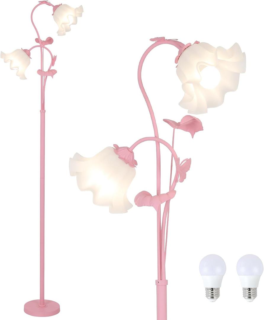 HMVPL Pink Flower Floor Lamp, Floral Standing Lamp with 2 LED 5W Blubs, Foot Switch, Modern Corner Tall Lamp with Acrylic Shade, Girls Cute Floor Lamp for Living Room Bedroom Office Kids Reading