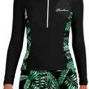 Girls Rash Guard Swimsuit 10-12 Two Piece Set Long Sleeve Black Tropical Leaf Print Bathing Suit UPF Sun Protective Kids Girls Long Sleeve Swimsuit for Surfing & Beach (Black+Palm Trees)