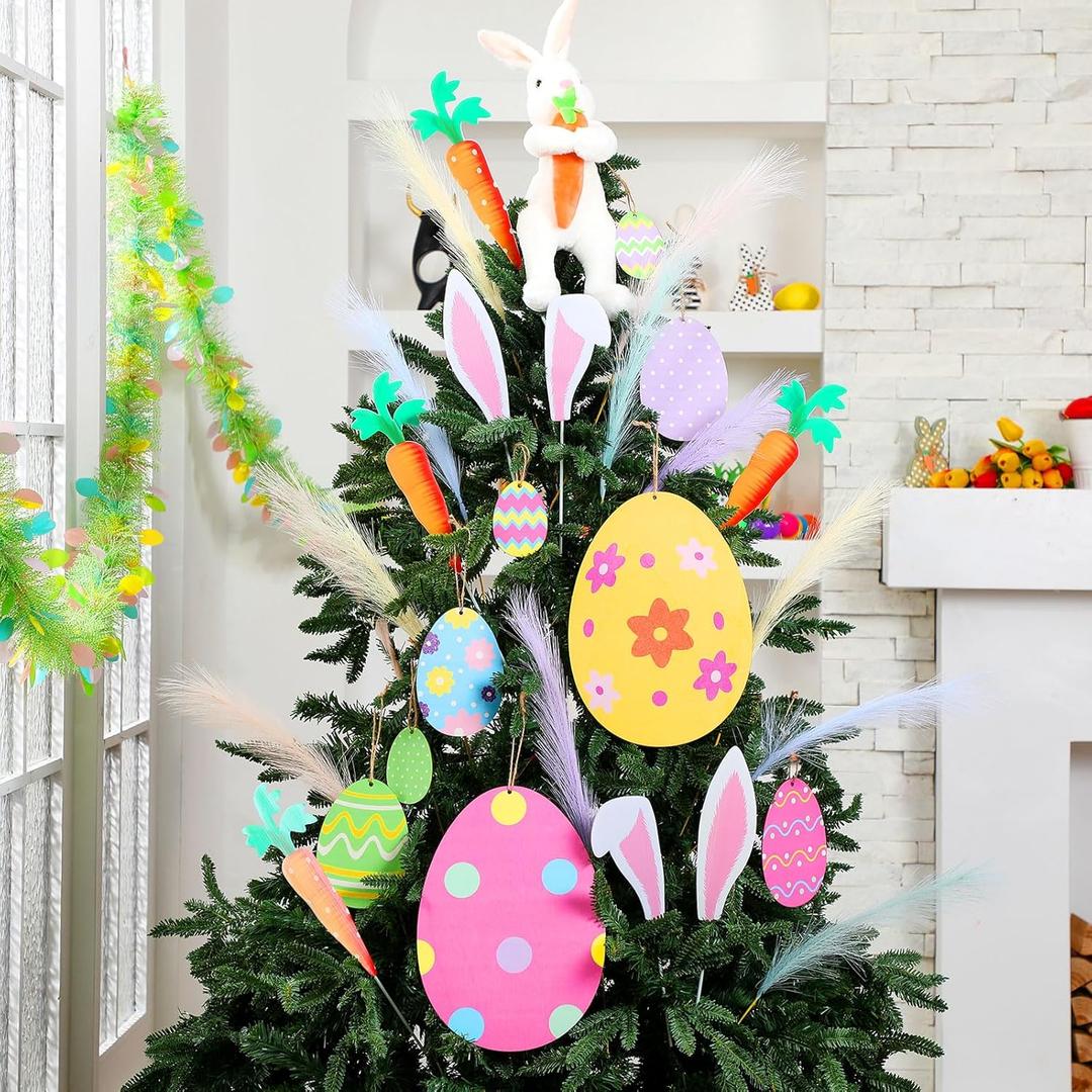 Soulchen 33 Pcs Easter Tree Ornaments Decorations Plush Bunny Tree Topper Bunny Ears and Carrot Sticks Colorful Simulated Reed Easter Egg Hanging Ornaments