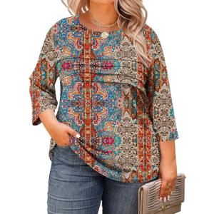 LOMON Plus Size Women Blouses 3/4 Length Sleeve Tops Crewneck Pleated Casual Tees Shirts (XX-Large, Bohemian)