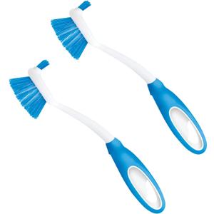 Dish Brush Scrubber for Kitchen, 2 Pack, by LOLA, Has Stiff Bristles & Food Scraper, Comfort No-Slip Grip Handle, Safe for Non-Stick & Coated Cookware