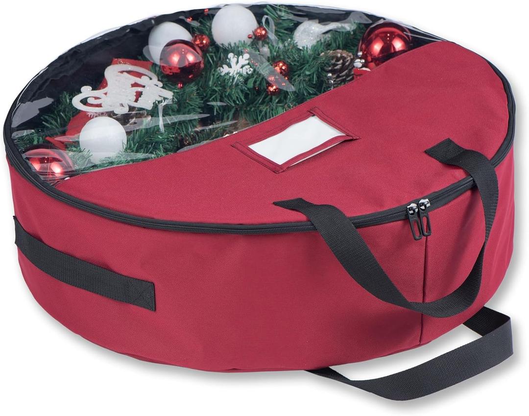Christmas Wreath Storage Bag 36 inch Christmas Decoration Container with Transparent Window Garland Storage Bag with Three Handles Double Zipper (red) (36")