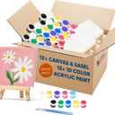 CRAFTY HAPPITOYS Mini Canvas and Easel Set with 10 Colors Acrylic Paint in Bulk Set of 12 - Kids Art Party Favors & Party Supplies - 4x4 Small Canvases for Painting with Mini Easel - Paint for Kids (Multicolor)