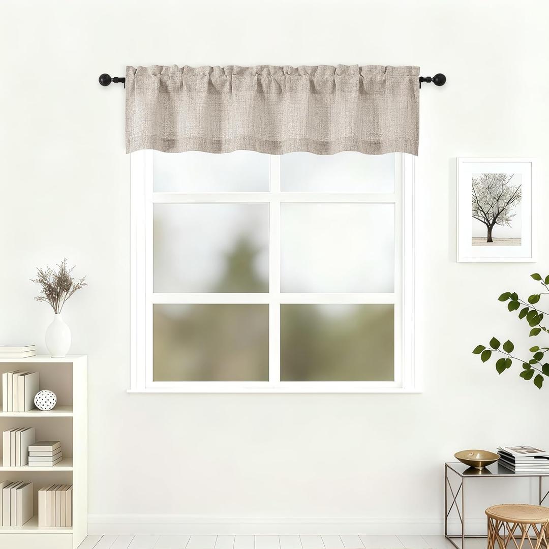 Lecloud Valance for Window 12 Inch Length, Light Filtering Faux Linen Textured Kitchen Curtains, Airy Short Drapes with Rod Pockets for Bathroom Basement Farmhouse, 60" W x 12" L 1 Panel, Linen Color
