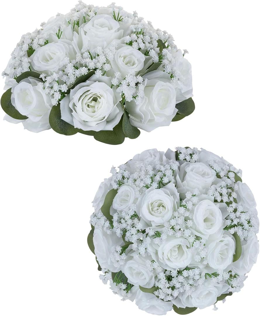 BLOSMON White Flower Balls for Centerpieces: 2 Pcs Rose Babys Breath Artificial Flowers Centerpiece for Home Table Decor - Faux Silk Kissing Floral Arrangements for Wedding Party Event Decoration