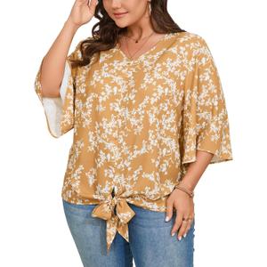 SCOMCHIC Women's Plus Size Blouses V Neck Tops 3/4 Sleeve Tie Knot Casual False Button Down Shirts XL-5XL (Floral Yellow)