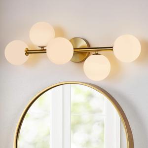 5 Light Bathroom Vanity Light,Gold Bath Room Light Fixtures Over Mirror,Modern Vanity Lights for Bath Room,Makeup Lights for Vanities,Brass Gold Bathroom Sconces with Milk Globe Glass,G9 Base