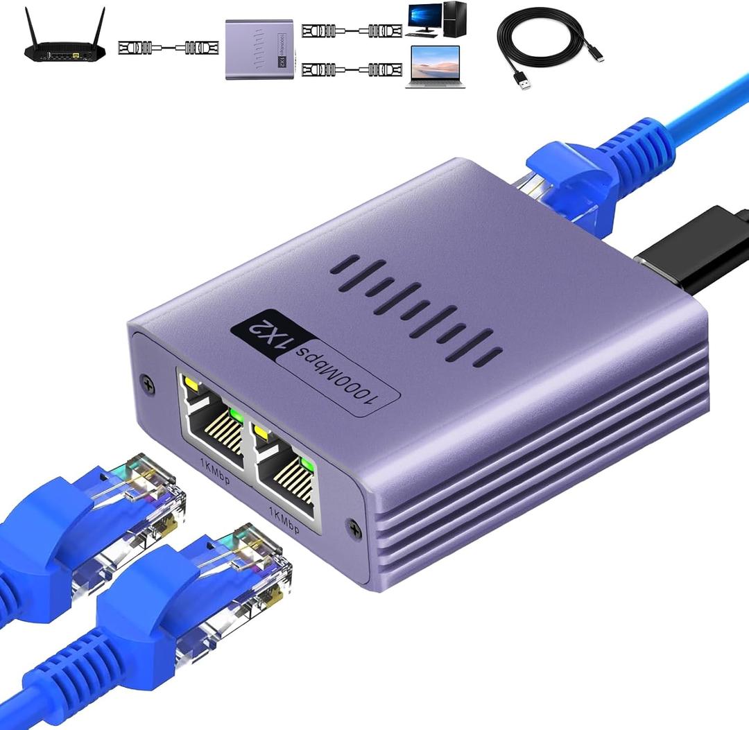 Ethernet Splitter 1 to 2 1000Mbps, Internet Splitter High Speed RJ45 Port LAN Splitter for Cat 5/5e/6/7/8 Cable, Ethernet Router Switch for PC/Laptop/TV (2 Devices Networked Simultaneously)