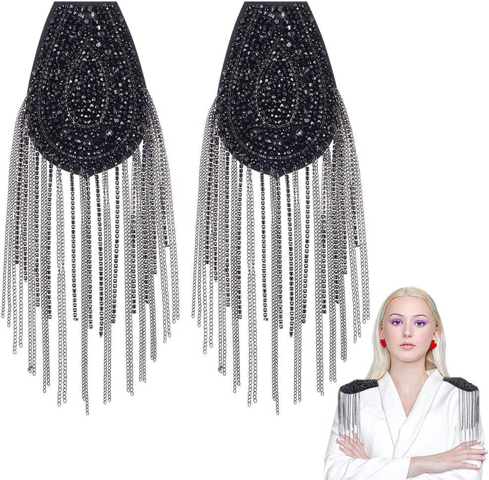 WEBEEDY 2 PCS Beaded Crystal Shoulder Patches Black Crystal Tassels Epaulet Handmade Sew on Shoulder Pad Shoulder Embellishment Epaulets Tassel Chain Metal Epaulettes Beads Punk Fringe Epaulet