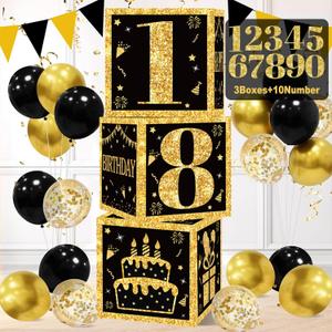 Birthday Decorations Boxes for Boys or Men - 3PCS Black Gold Happy Birthday Balloons Boxes with 0-9 Numbers, Bday Theme Cardboard Decor
