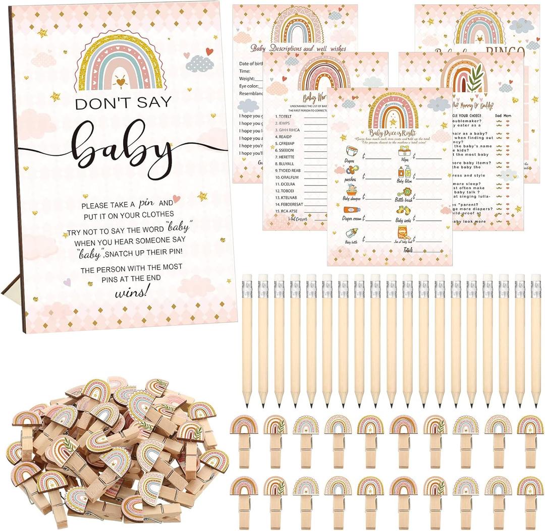 Patelai 321 Pcs Rainbow Baby Shower Game Supplies for Girl or Boy 5 Set Include 50 Activity Cards 20 Pencils 1 Don't Say Baby Sign 50 Clothespins for Price Is Right Prediction Bingo Game Party Decor