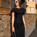 Memoriesea Women's Vintage Church Ruffle Sleeve Ruched Bodycon Work Midi Pencil Dress (Black, M)