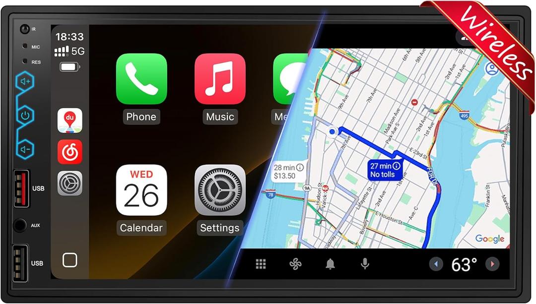 7" Double Din Car Stereo with Wireless CarPlay & Android Auto, Built-in DSP Exclusive, 240W Hi-Power Audio, Full View Touchscreen, Bluetooth 5.3, FM/AM Radio, Steering Wheel Control, Auto Backup Cam