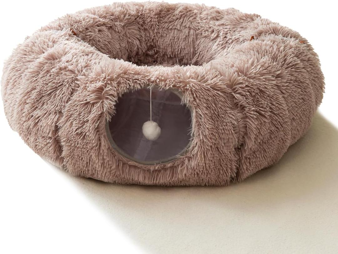 HIPIPET Winter Plush Cat Tunnel with Bed for Small Medium Large Cats, Multifunctional Cat Toys (Light Brown)