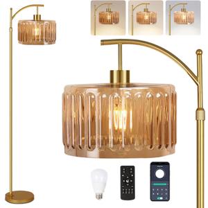 ILLMTW Glass Floor Lamp for Living Room,Bedroom,Gold Mid Century Modern Standing Lamp with Remote,Dimmable Brass Tall Lamp Amber Flower Lamp Vintage Floor Lamps Arc Floor Light Boho Bohemian
