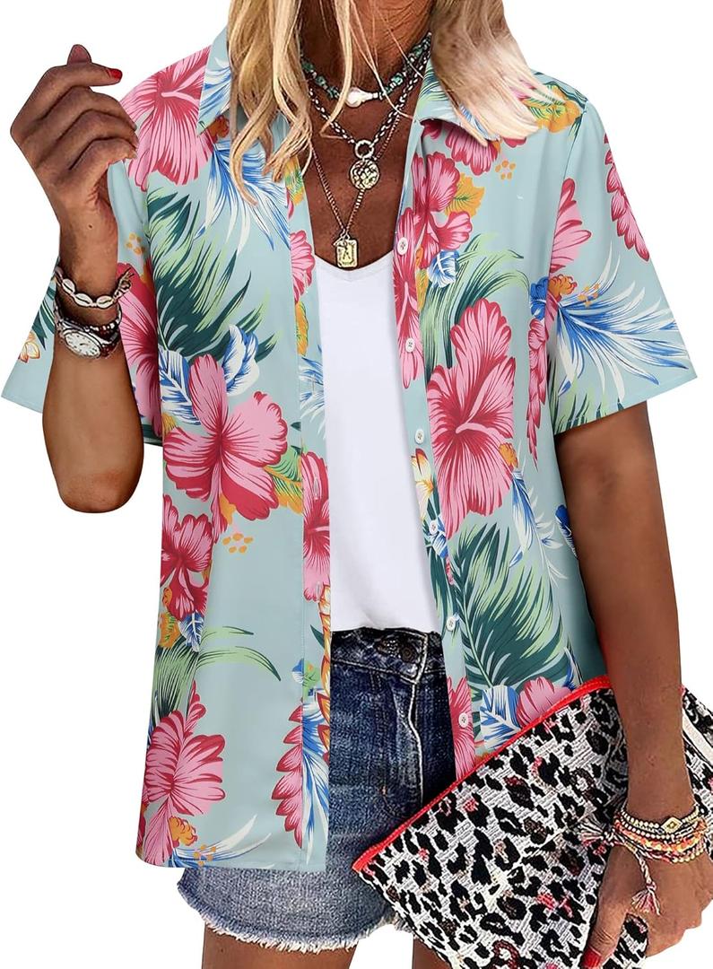 ZXZY Women Summer Hawaii Shirts Soft Cool Floral Tropic Print Short Sleeve Button Up Tops T-Shirt (Small)
