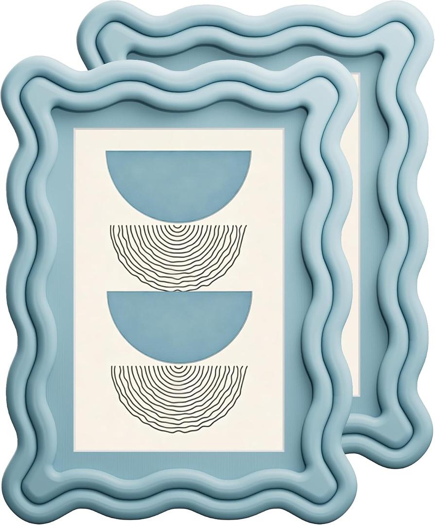 iRahmen 5x7 Wavy Picture Frame Set of 2 - Scalloped Frame Display Picture 4x6 with Mat or 5 x 7 Without Mat, Blue Photo Frame with Tempered Glass for Tabletop Display and Wall Mount