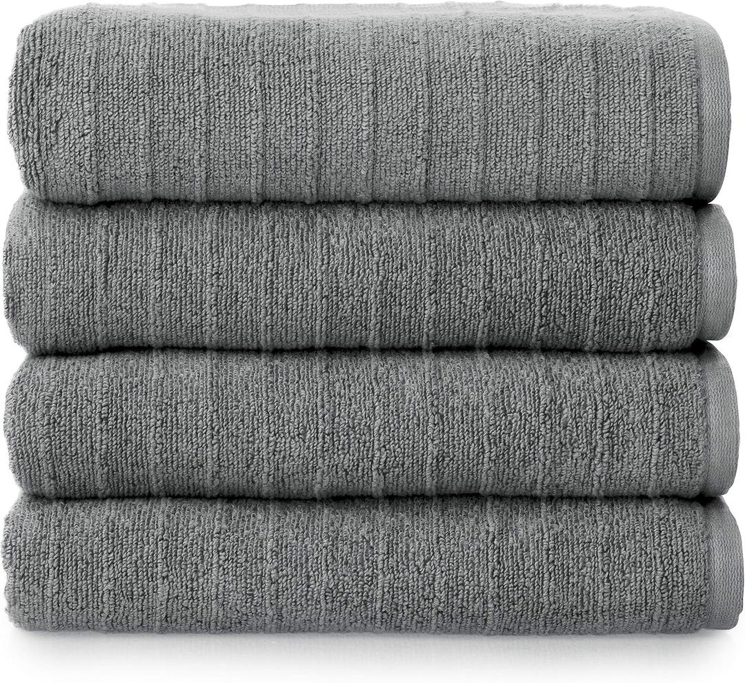 Welhome James 100% Cotton Textured Stripe Towels - 4 Pack Bath Towels, Soft & Absorbent, Gray, 4 Piece Bath Towel