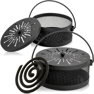 Elsjoy 2 Pack Mosquito Coil Holder with Lid and Handle, Portable Incense Coil Burner Metal Mosquito Incense Holder for Indoor & Outdoor Camping, 5.6" Diameter, Black