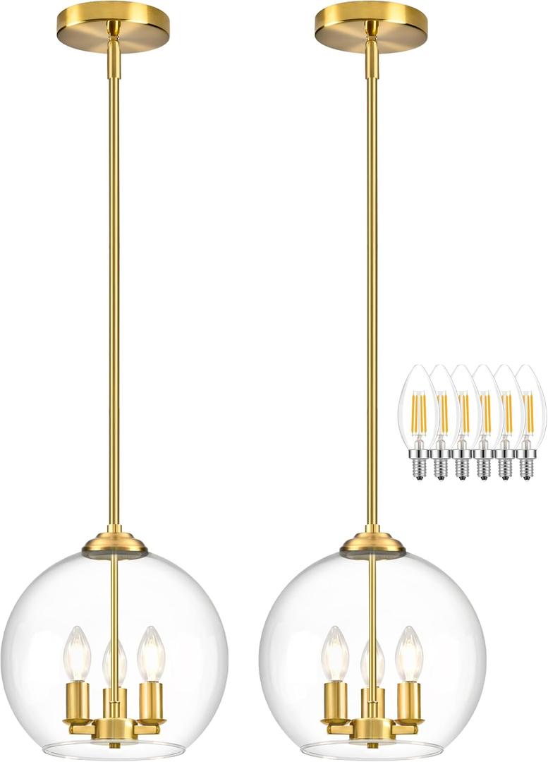 12" Gold Pendant Lights 2 Pack Glass Globe Pendant Light Fixture Bedroom Mid Century Modern Pendant Lighting Brass Pendant Light for Kitchen Island Bedroom Living Room (Bulb Incl.)