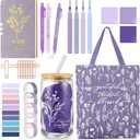 29 Pcs Bible Journaling Kit 16 oz Glass Cup Canvas Bag Leather Notebook Highlighters and Pens Sticky Note Tapes Grandparents Gift Bible Study Supplies for Teacher Women Nurse(Boho, Purple)