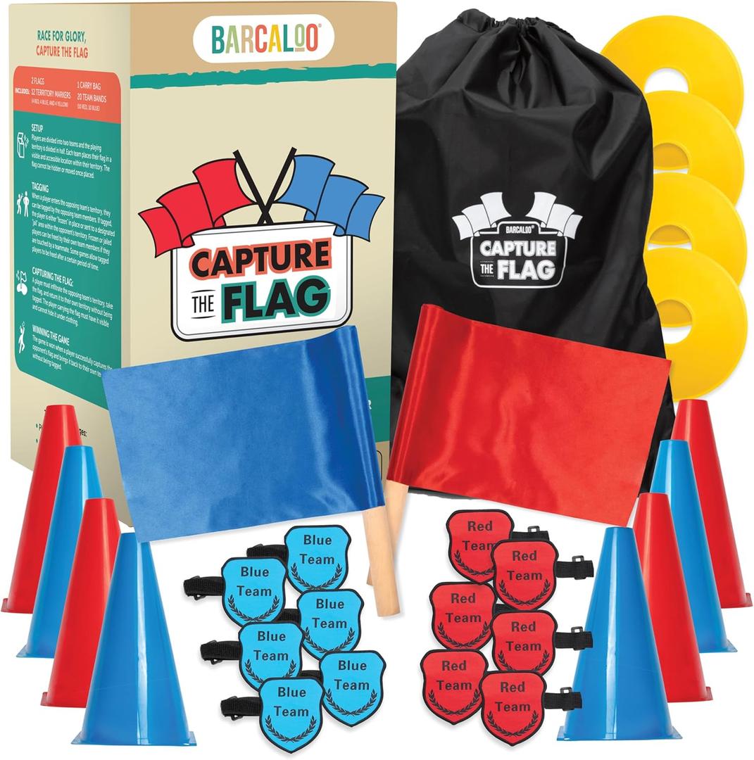 Barcaloo Capture The Flag, Traditional 12 Player Set with Real Wood Handle Flags & Arm Bands - Outdoor Yard Game for Family, Kids and Teens - Cool Birthday Gifts for Boys, Family Reunions, & Field Day